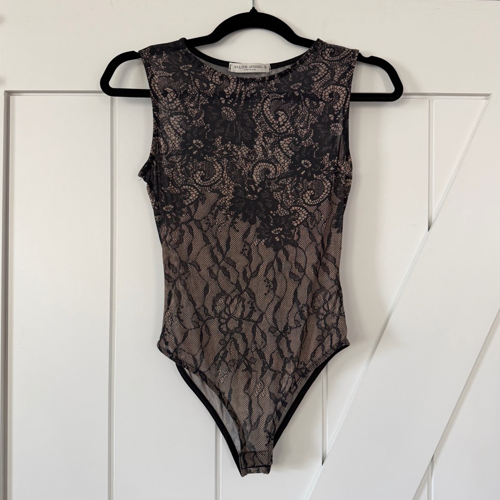 Nylon Apparel Black Nude Lace Print Sleeveless Bodysuit